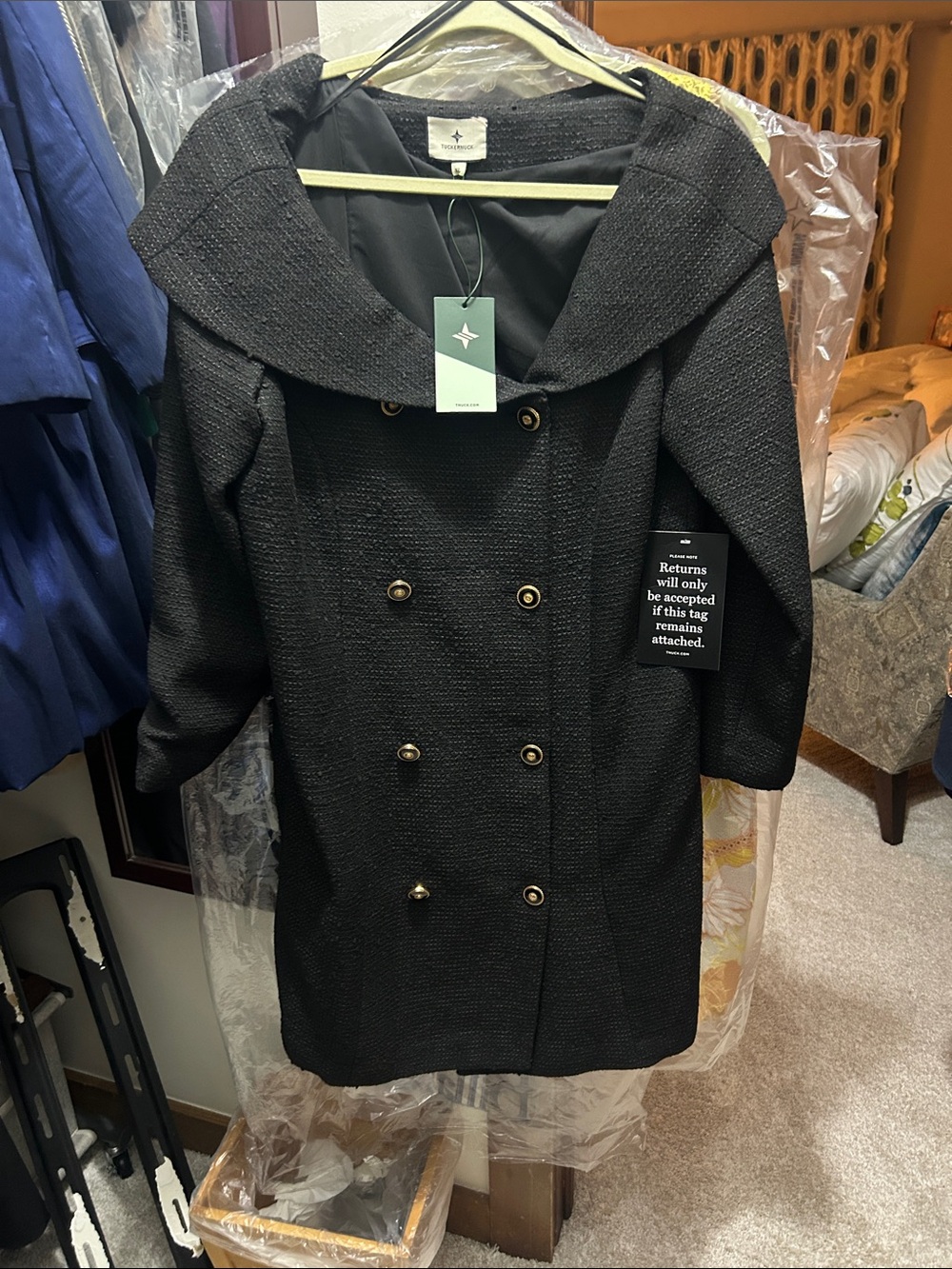 Tuckernuck Black Textured Double-Breasted Trench Coat with Wide Collar